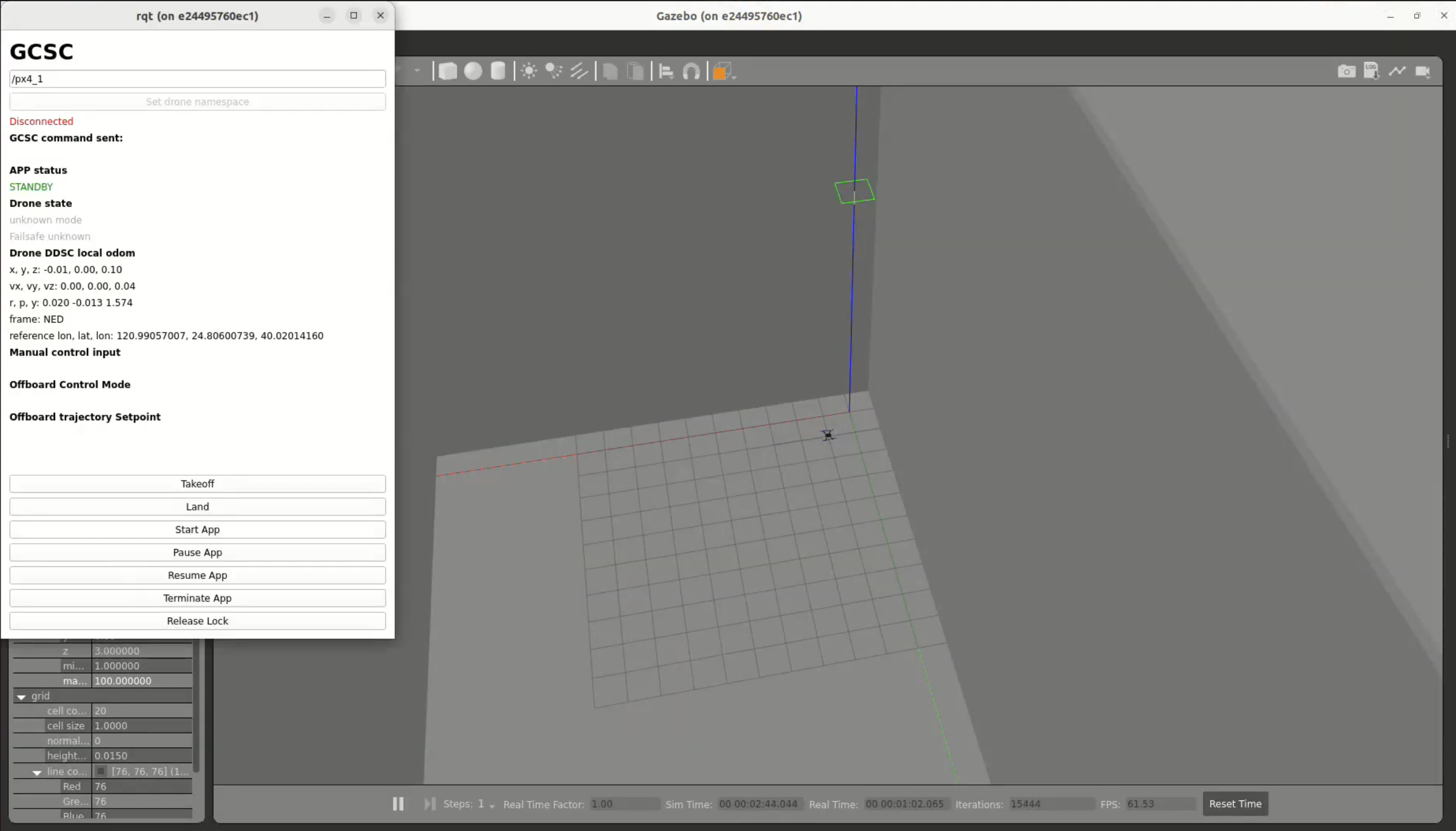 GCSC ground control interface and Gazebo simulation environment showing drone telemetry